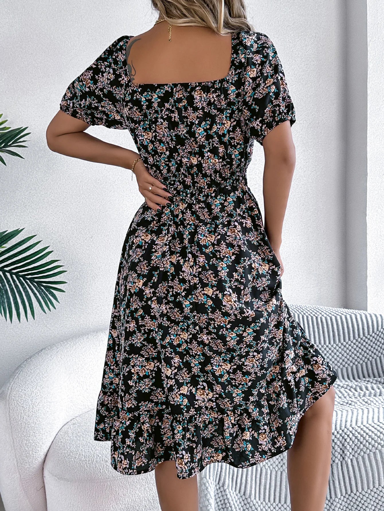 Women's Floral 3D Print Square Neck Dress